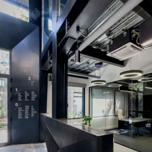 Mechanical installation for Rasa Innovation and Technology Center office building with fan coil, chiller, air handling unit and mechanical room